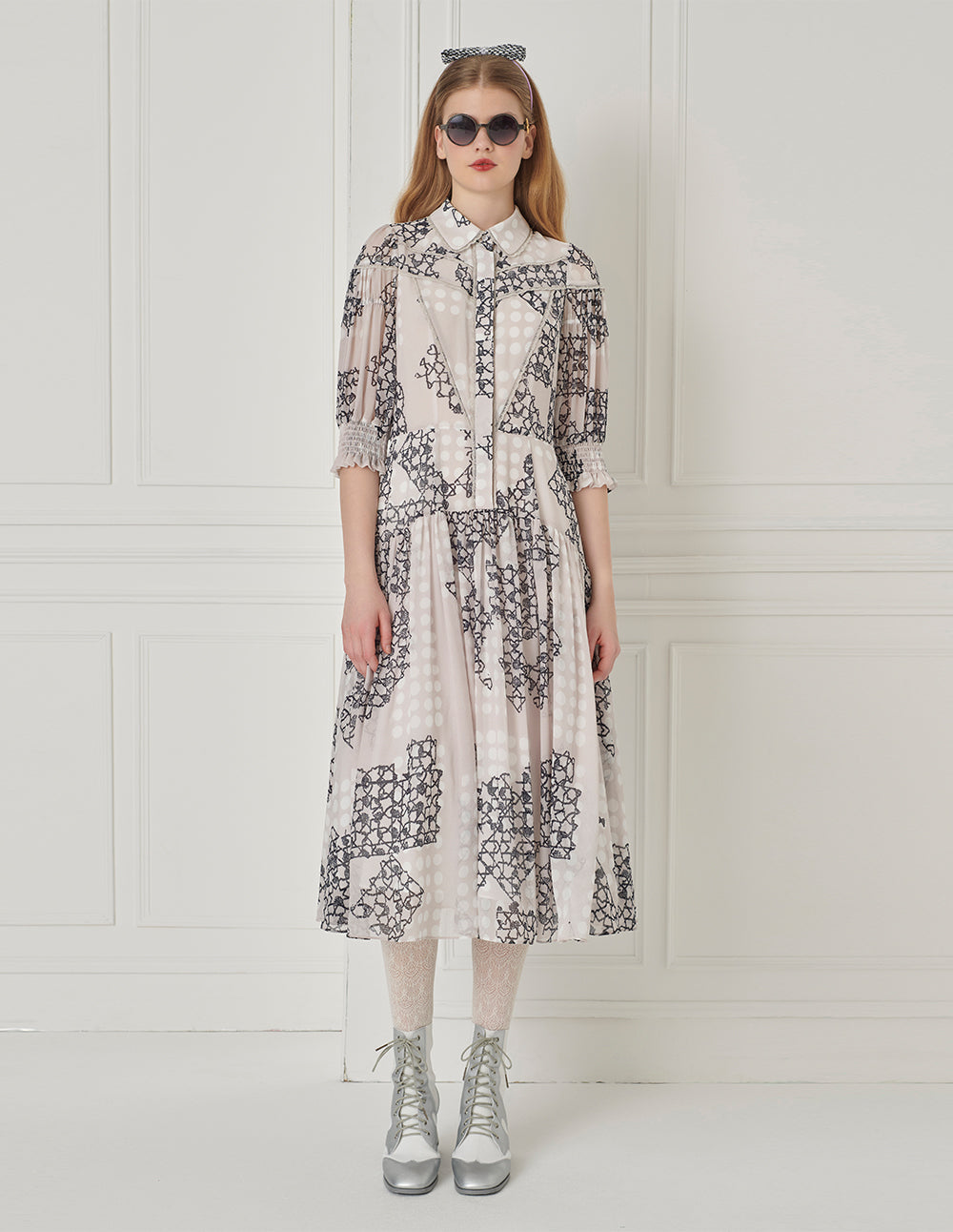 BORA AKSU French Shirt-Style Puff-Sleeve Pleated Printed Dress