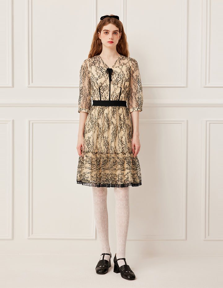 BORA AKSU Sheer V-Neck Lace Trim Floral Print Midi Dress