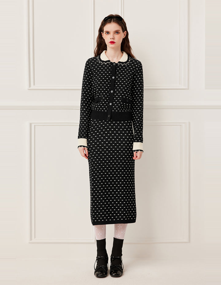 BORA AKSU High-Waist Straight-Cut White Polka Dot Wool Knit Skirt