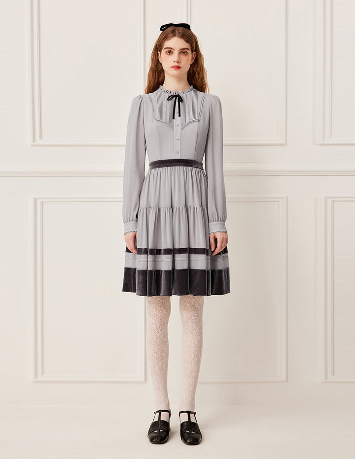 BORA AKSU Ruffled Round Neck Long Sleeve Pin-Tuck Velvet Trimmed Midi Dress