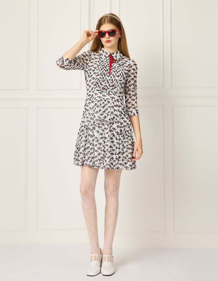BORA AKSU Lapel Long-Sleeve Pin Tuck Heart Printed Pleated Midi Shirt Dress