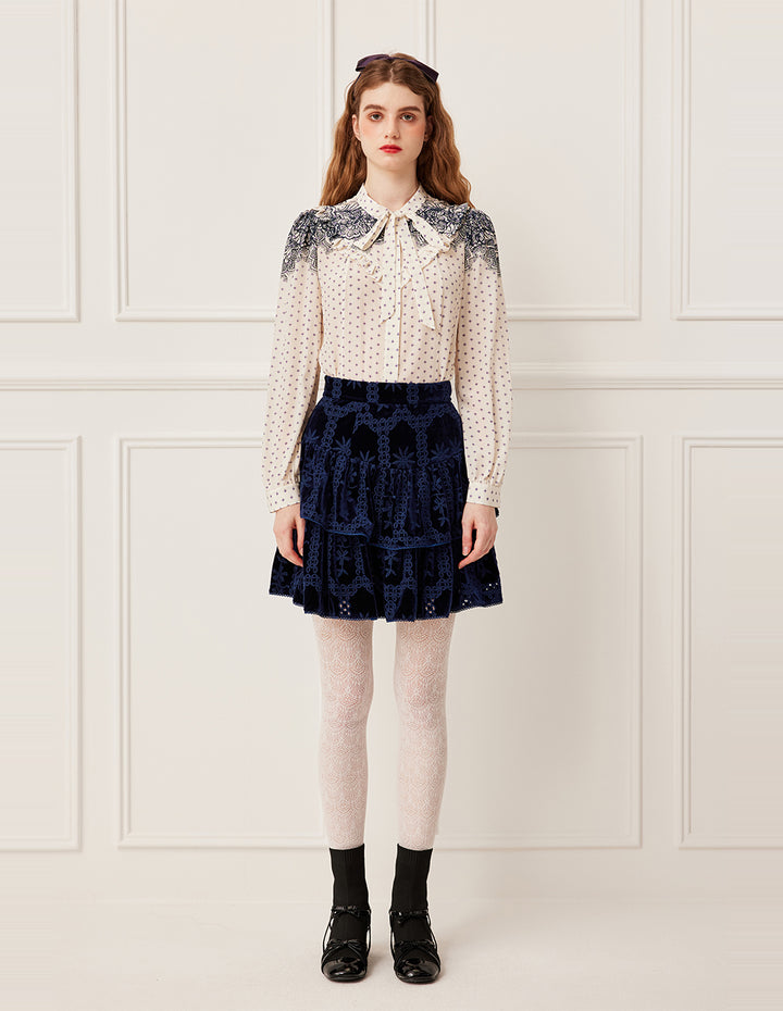 BORA AKSU Navy Blue Jacquard Print Double Layer Velvet A-Line Skirt