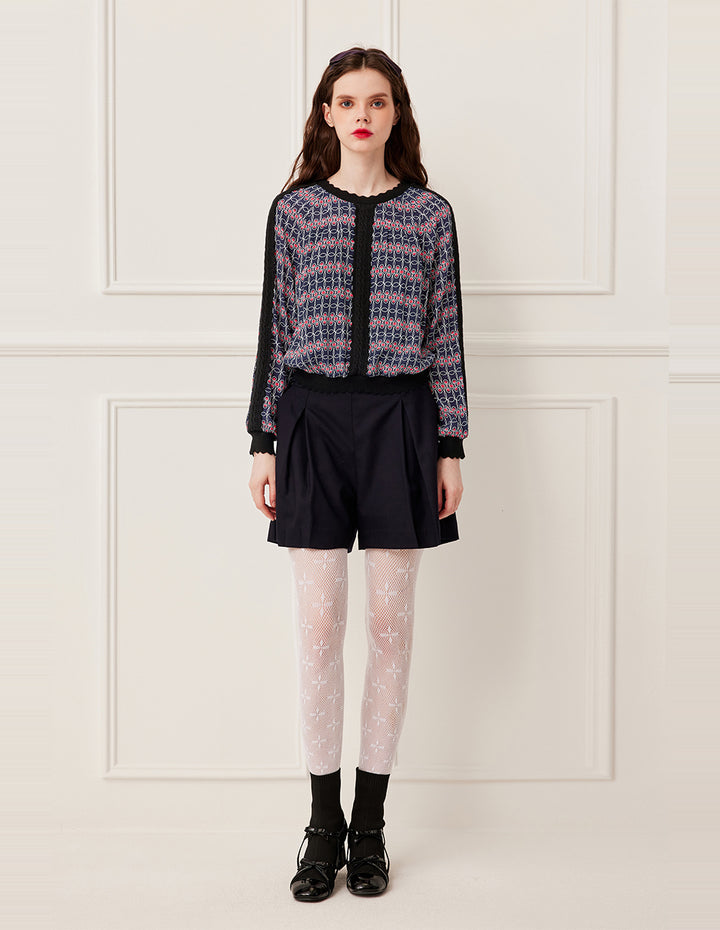 BORA AKSU Ruffled Round Neck Red White Geometric Print Knit Top