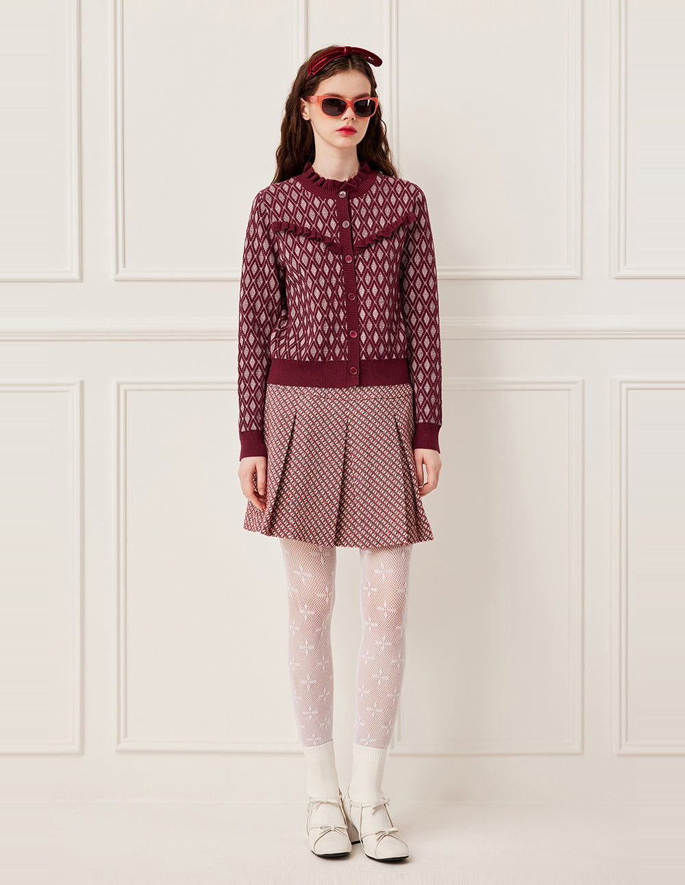 BORA AKSU Ruffled Turtleneck Diamond Pattern Wool Knit Cardigan