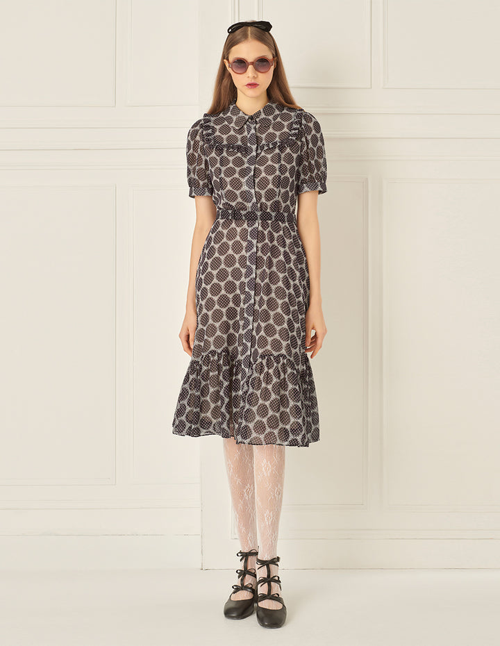 BORA AKSU Puff Sleeve Lapel Polka Dot Print Pleated Dress