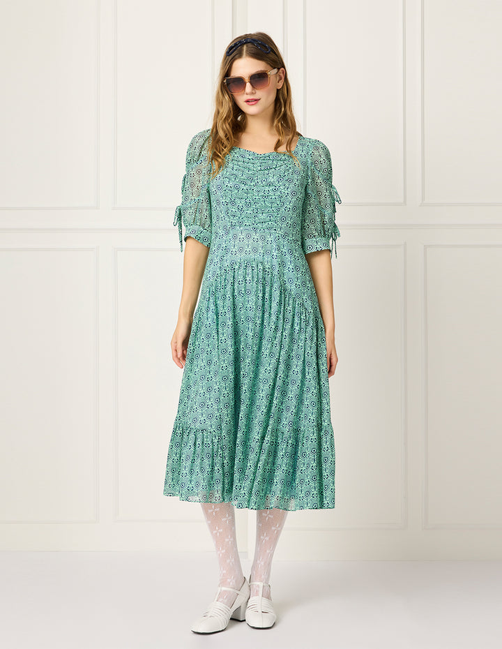 BORA AKSU Diamond Collar Puff Short-Sleeve Empired Print Midi Dress