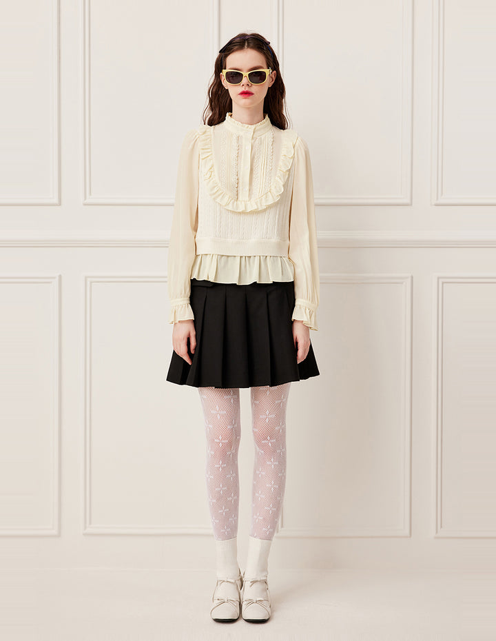 BORA AKSU Ruffled Mandarin Collar Pin-Tuck Wool Blend Knit Top