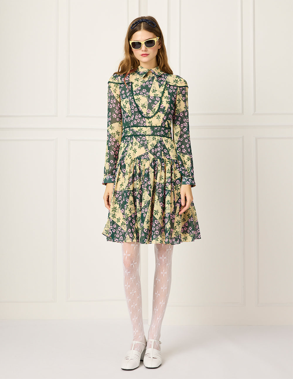 BORA AKSU Shirt-Collared Bubble Sleeve Floral Printed Pleated Midi Dress