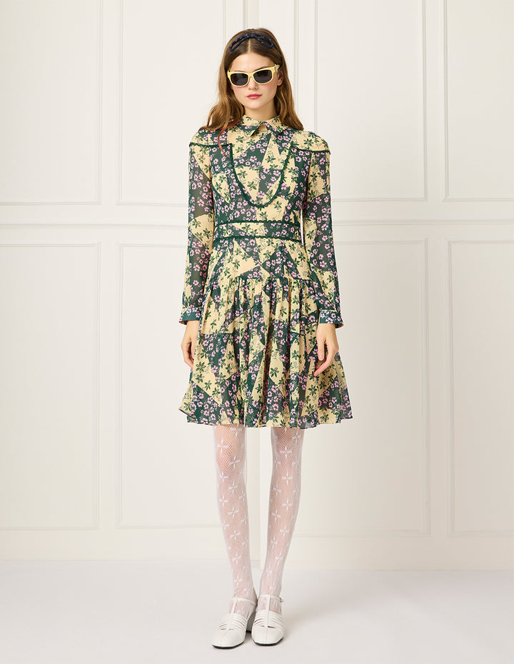 BORA AKSU Shirt-Collared Bubble Sleeve Floral Printed Pleated Midi Dress