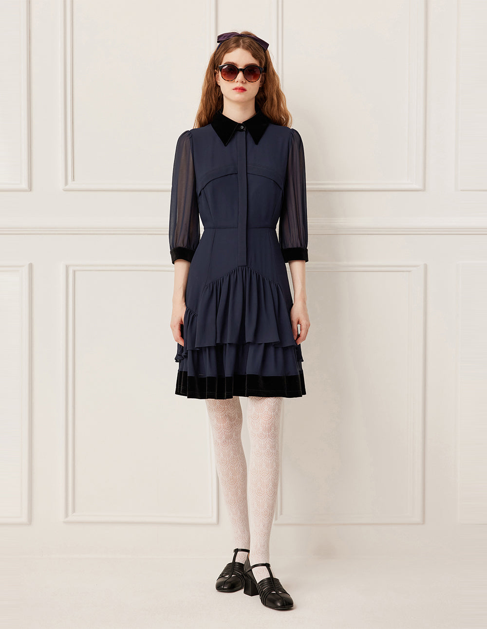 BORA AKSU Luxurious Velvet Collar Sheer Long Sleeve Multi-Layer Ruffle Midi Dress