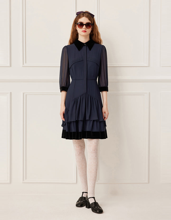 BORA AKSU Luxurious Velvet Collar Sheer Long Sleeve Multi-Layer Ruffle Midi Dress