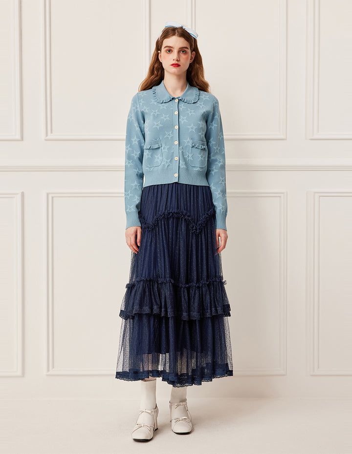 BORA AKSU Ruffled Peter Pan Collar Star Pattern Jacquard Long Sleeve Knit Cardigan