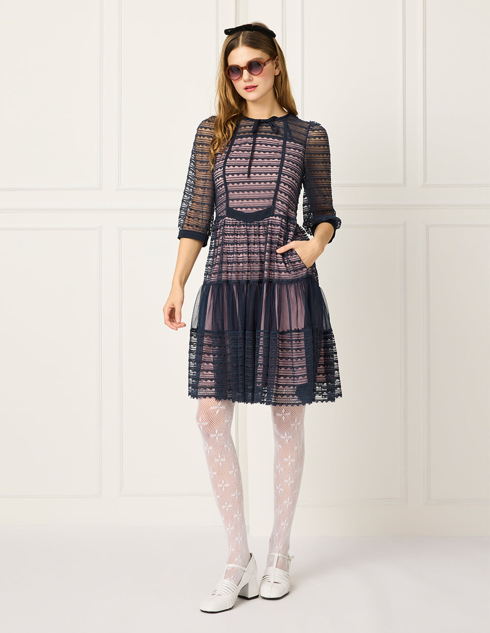 BORA AKSU Round-Neck Lace Trim Bubble Sleeve Pleated Midi Dress