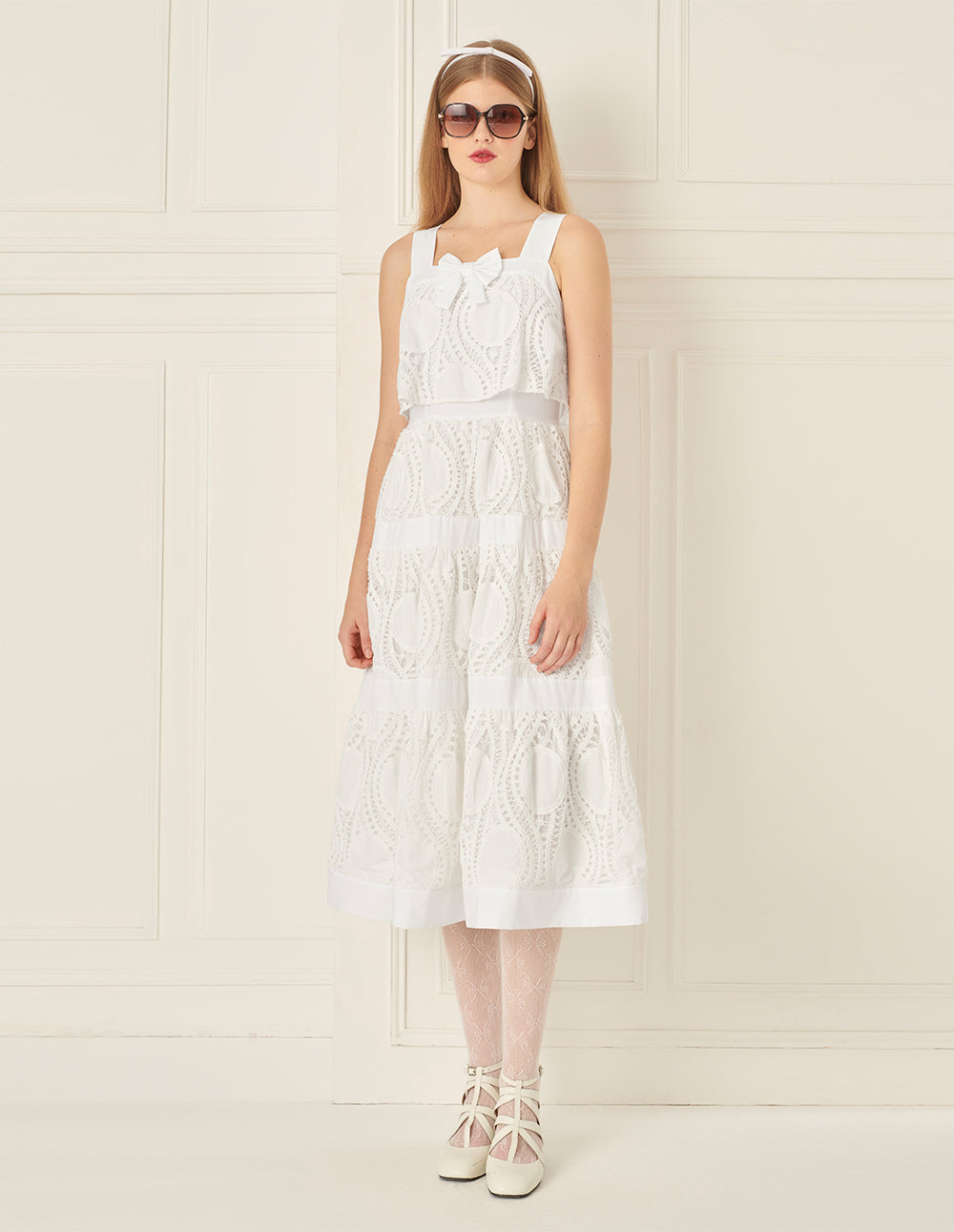 BORA AKSU Neck Bow Lace Patchwork Dress