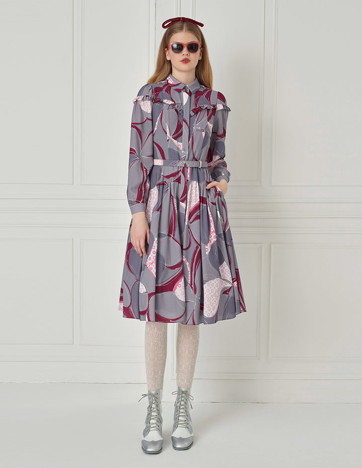 BORA AKSU Shirt-Collar Ruffled Puff Sleeve Printed Midi Dress