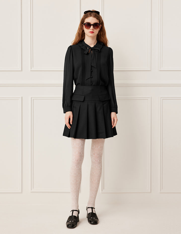 BORA AKSU Mandarin Collar Black Silk Blouse with Ruffle, Pleats And Tie Ribbon