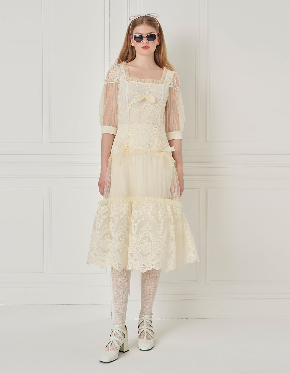 BORA AKSU Palace Style Lace Mesh Patchwork Pleated Dress