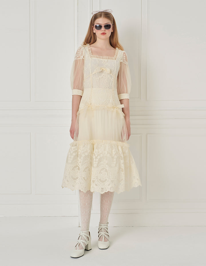 BORA AKSU Palace Style Lace Mesh Patchwork Pleated Dress