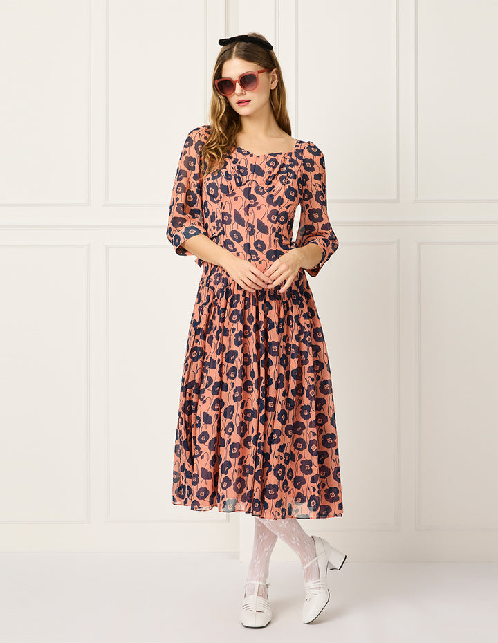 BORA AKSU Diamond Collar Short Bubble Sleeve Empire Red Floral Printed Midi Dress