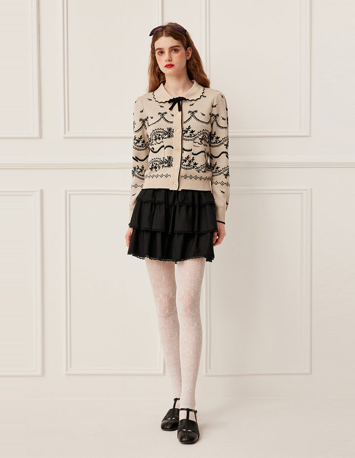 BORA AKSU Bow Tie Lapel Black Floral Pattern Long Sleeve Wool Cardigan