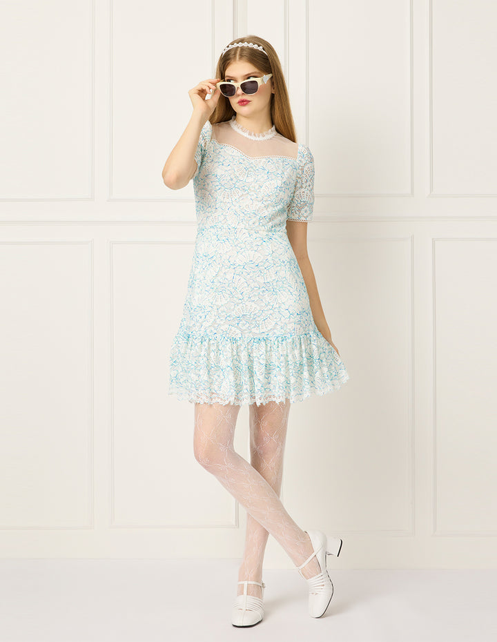 BORA AKSU Transparent Mesh Patchwork Lace-Trimmed Floral Print Trumept Midi Dress