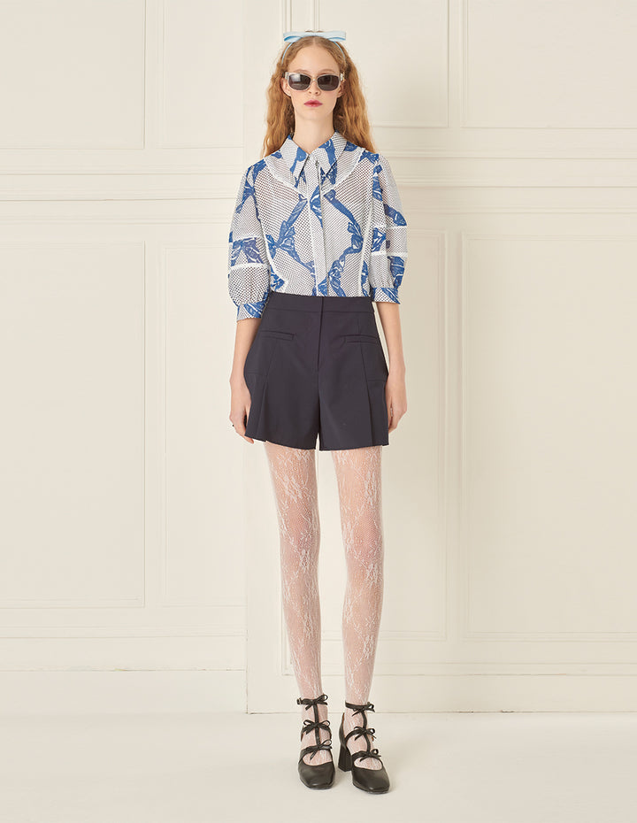 BORA AKSU French Puff-Sleeve Lace-Embellished Bow-Print 3/4 Blouse