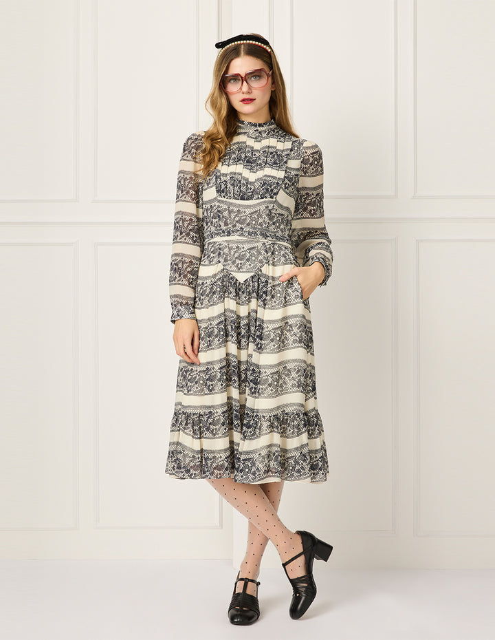 BORA AKSU Ruffle Stand Collar Pin-Tuck Lace-Floral Embroidery Print Puff Long-Sleeve Empire-Waist Pleated Midi Dress