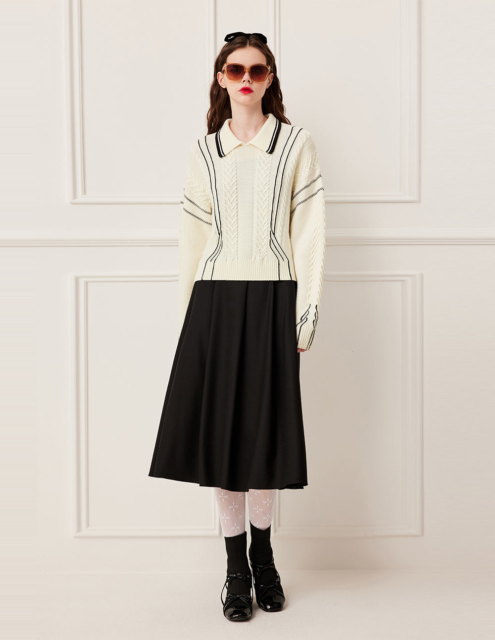 BORA AKSU Full Wool Cable Knit Lapel Long Sleeve Pullover