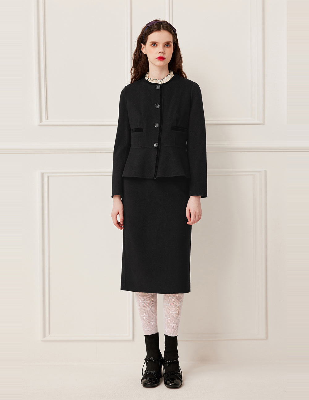 BORA AKSU Round Neck Box Cut Long Sleeve Crop Wool Tweed Jacket