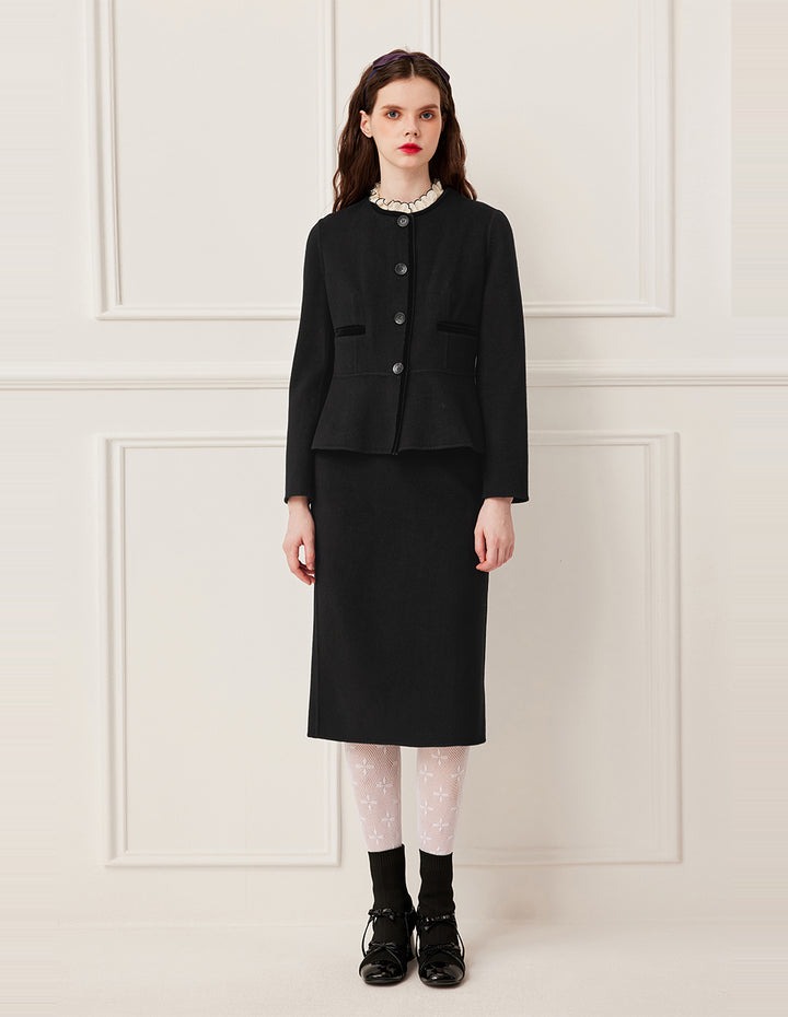 BORA AKSU Round Neck Box Cut Long Sleeve Crop Wool Tweed Jacket