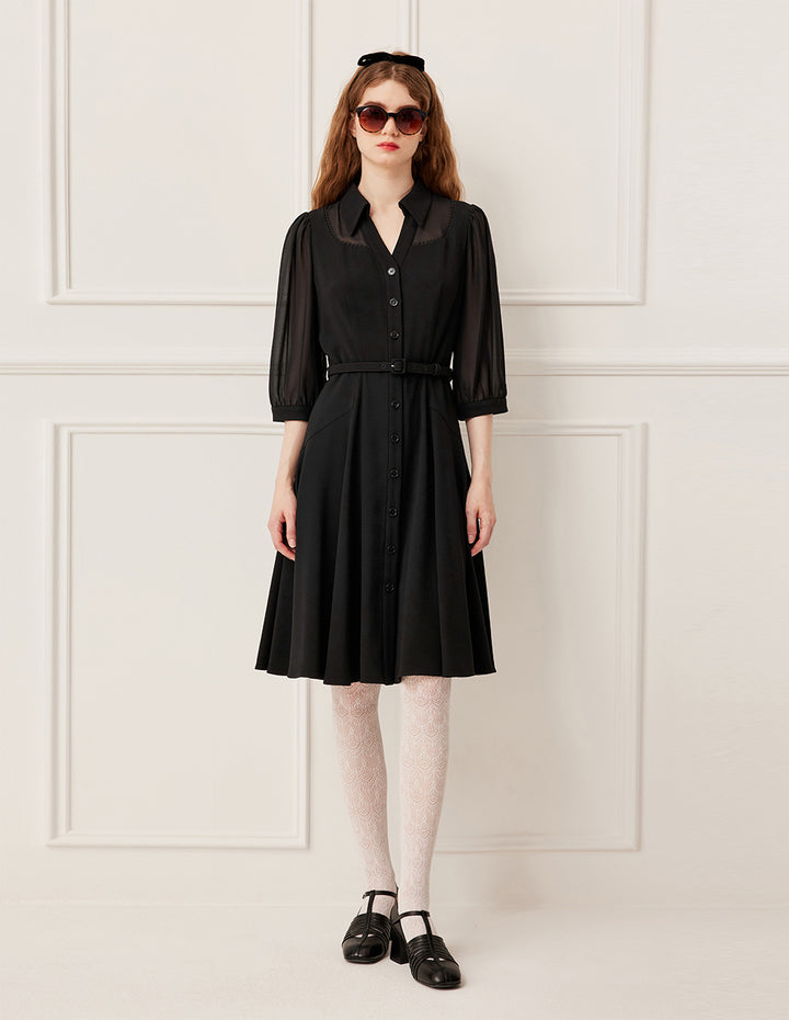 BORA AKSU V-Neck Sheer Three-Quarter Bubble Sleeve Belted Midi Shirt Dress