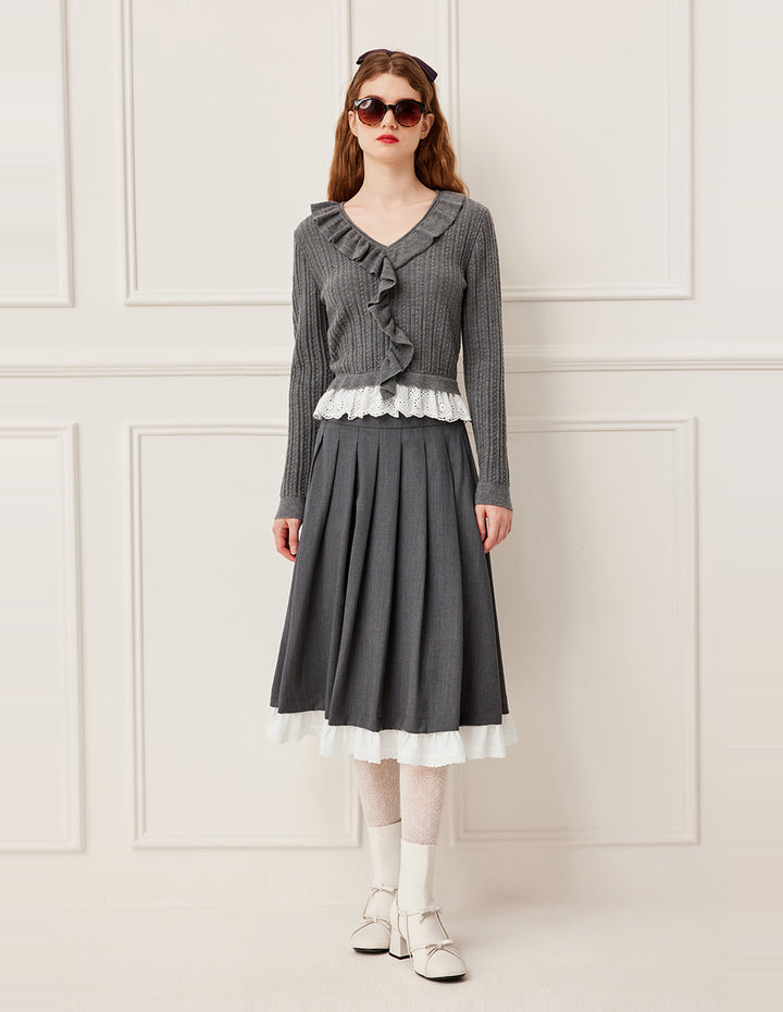 BORA AKSU V-Neck Ruffle Detail Knit Pullover Sweater