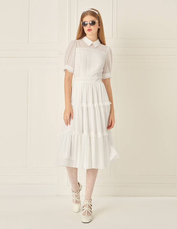 BORA AKSU Lace Puff Sleeve Pleated Dress