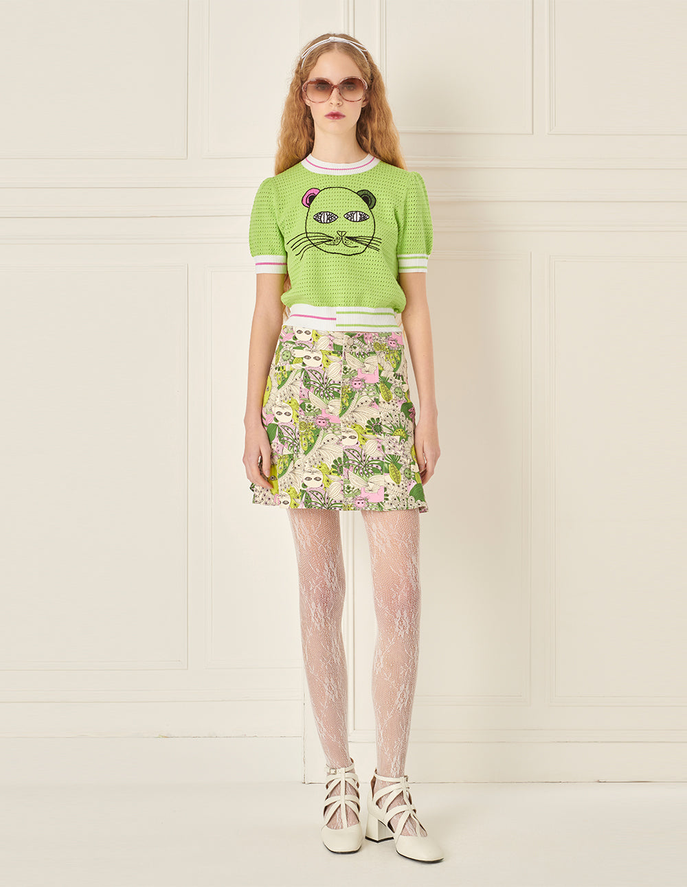 BORA AKSU Handhook Cat Pattern Hollow Textured Knitted T-shirt