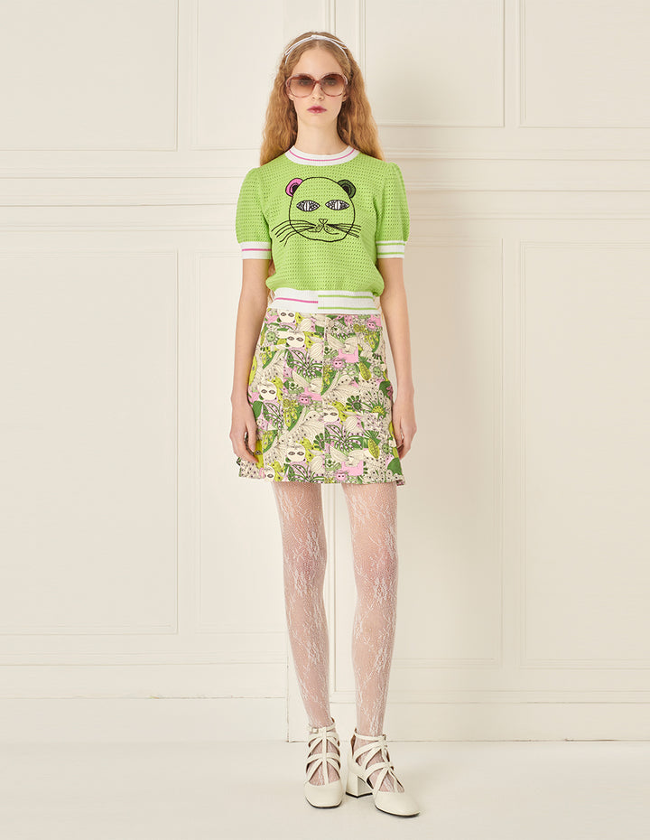 BORA AKSU Handhook Cat Pattern Hollow Textured Knitted T-shirt