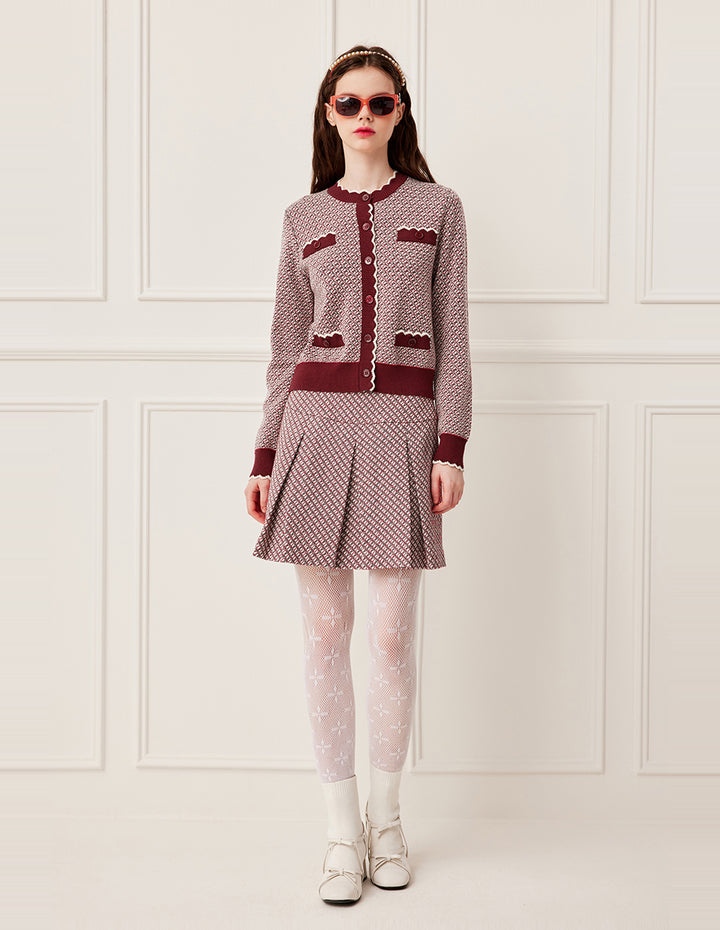 BORA AKSU Round Neck Ruffled-Trim Geometric Print Full Wool Knit Cardigan