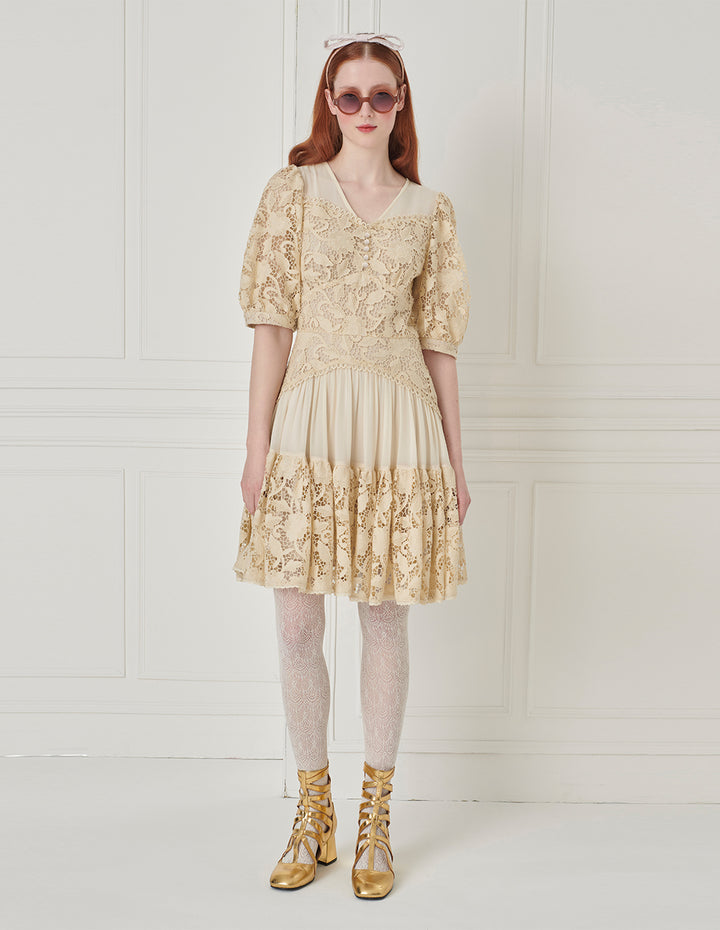 BORA AKSU Beige Lace Dress With Puff Sleeves And Scalloped Hem