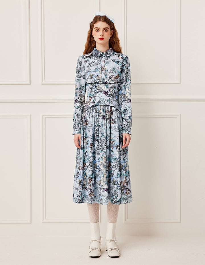 BORA AKSU Collared Hand-Painted Floral Print High-Waist Maxi Shirt Dress