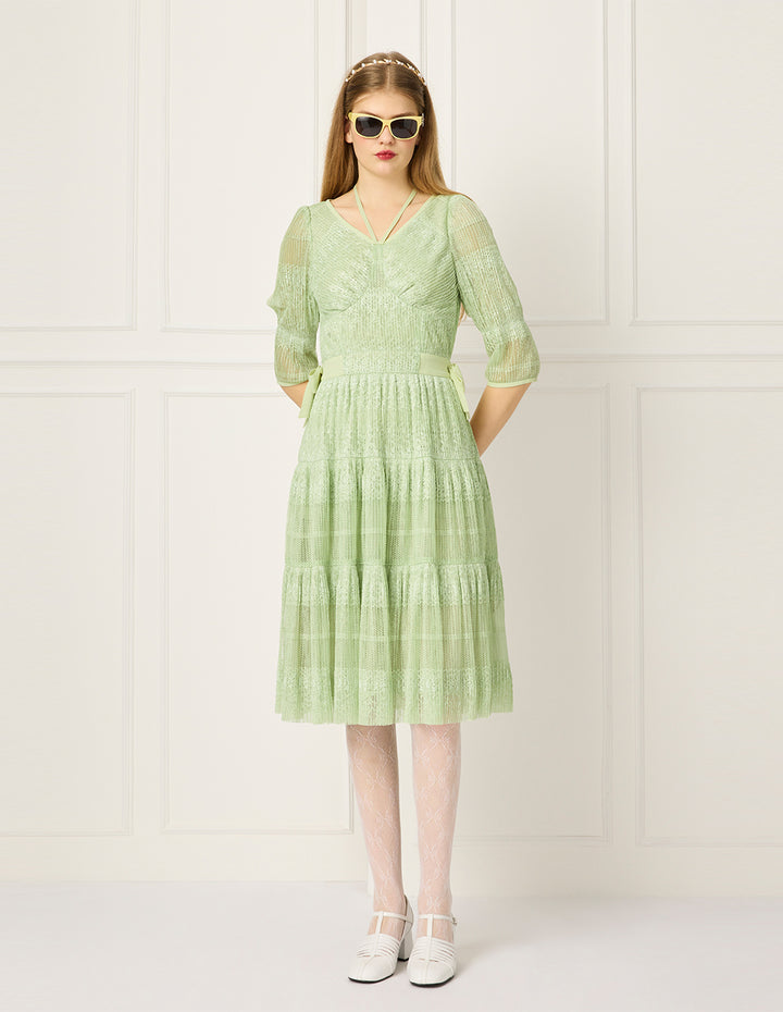 BORA AKSU V-Neck Puff Short Sleeve Tie Pleated Lace Midi Dress