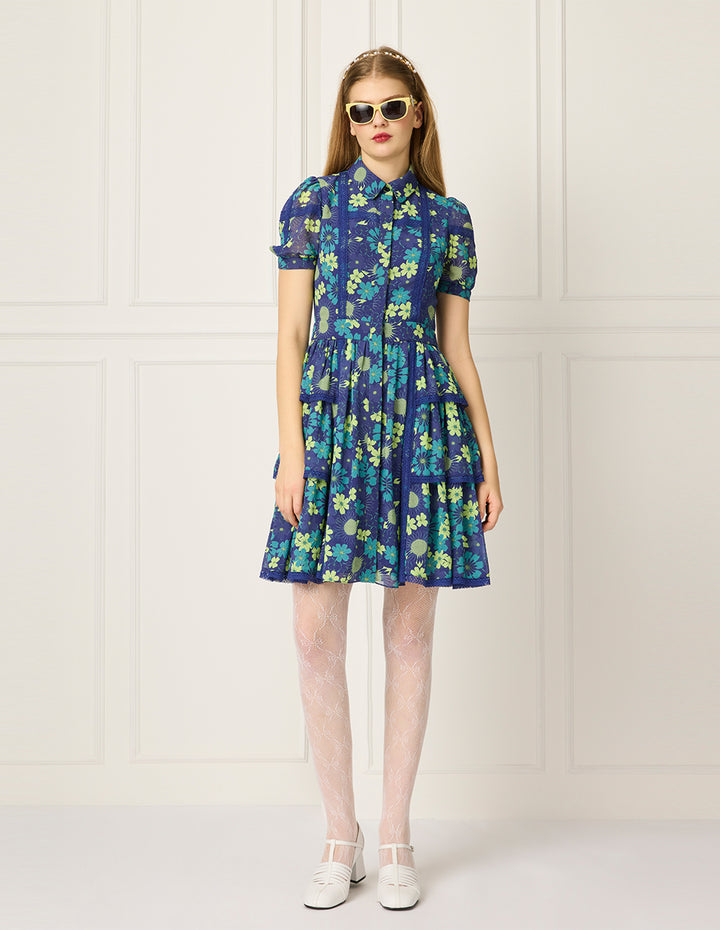 BORA AKSU Lapel Puff Short-Sleeve Floral Print Lace-Trim Pleated Midi Dress