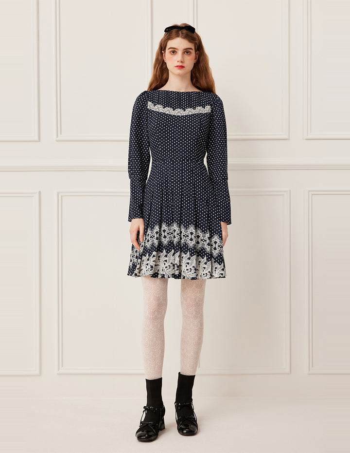 BORA AKSU Boat-Neckline Long Sleeve Lace Trim White Polka Dot Pleated Midi Dress