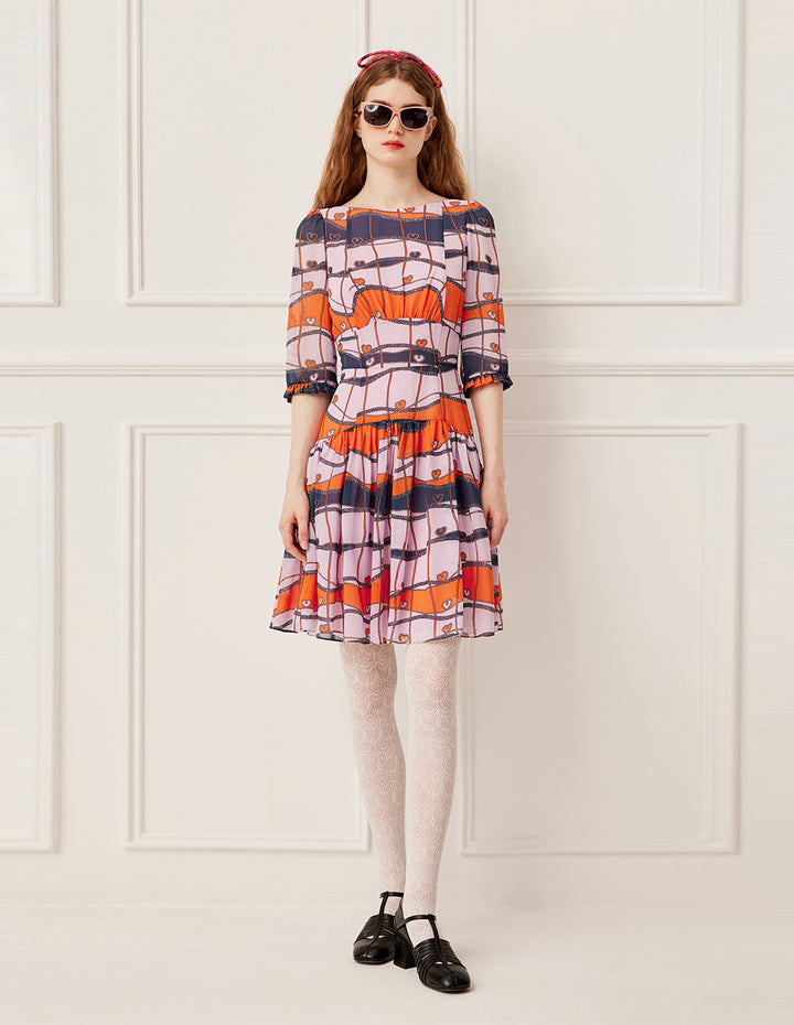 BORA AKSU Crew Neck Ruffle Print Pleated Midi Dress