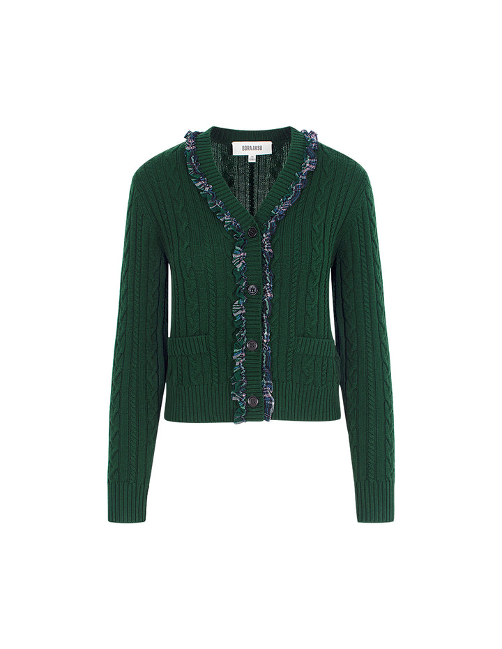BORA AKSU Checkered Ruffle Decorative V-Neck Knit Cardigan