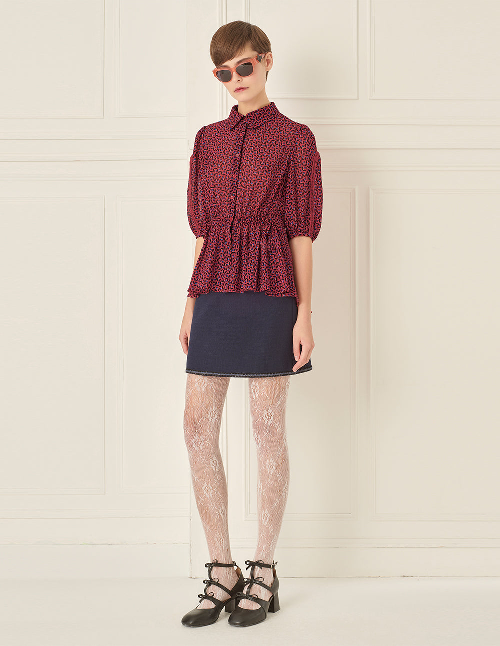 BORA AKSU French Puff Sleeves Smocked Waist Floral Blouse