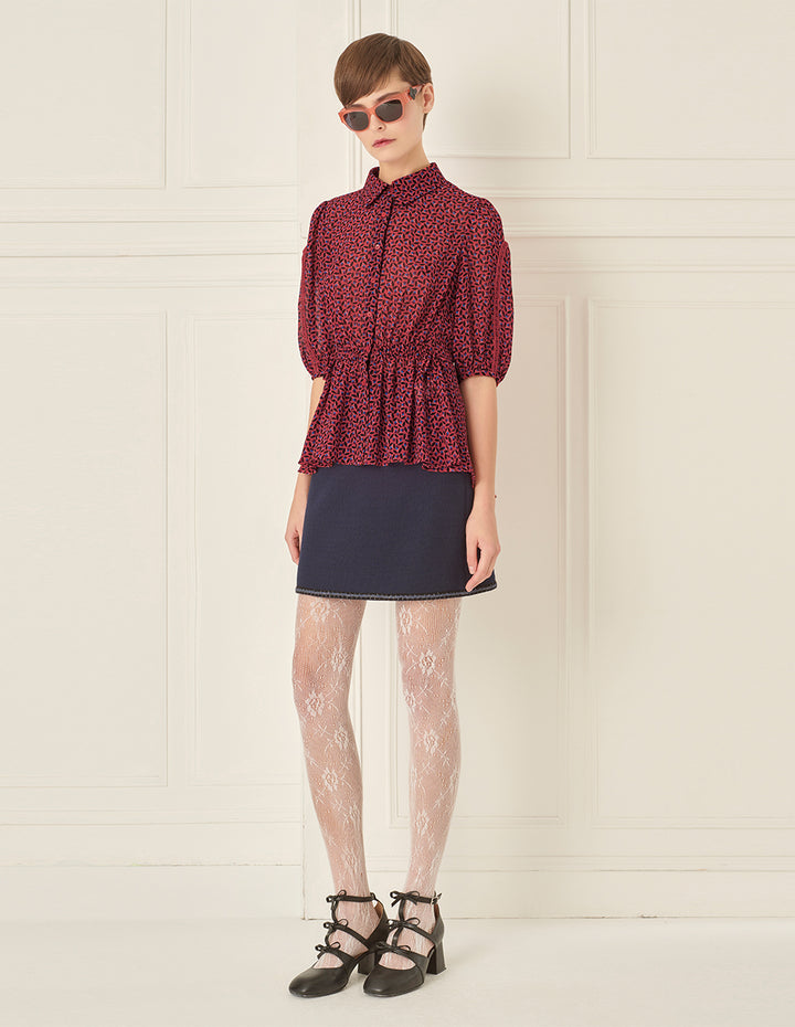 BORA AKSU French Puff Sleeves Smocked Waist Floral Blouse