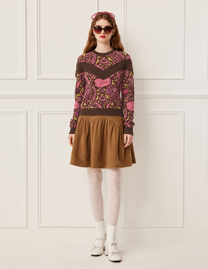 BORA AKSU Vintage High-Waisted Pleated A-Line Wool Midi Skirt