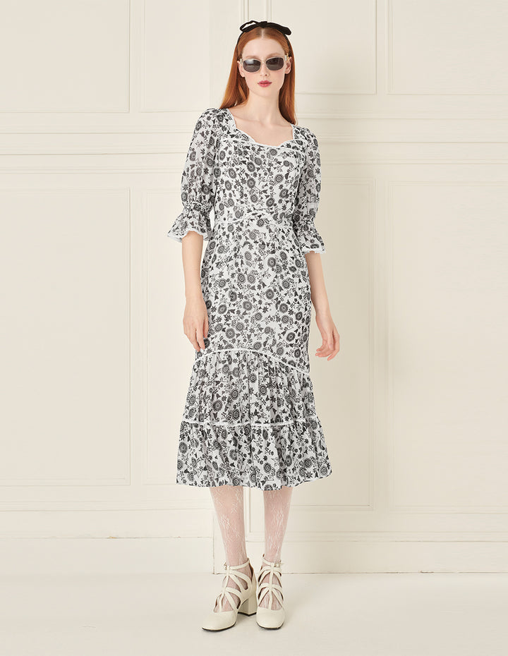 BORA AKSU Retro Square Neck Puff Sleeve Ruffle Print Dress