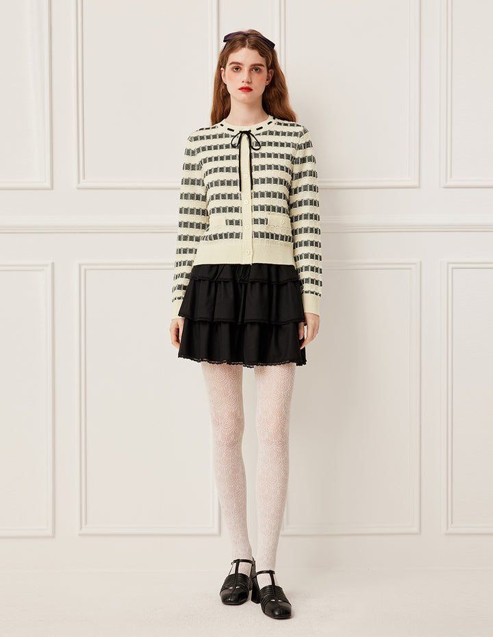 BORA AKSU Round Neck Tie Black & White Check Jacquard Full Wool Cardigan