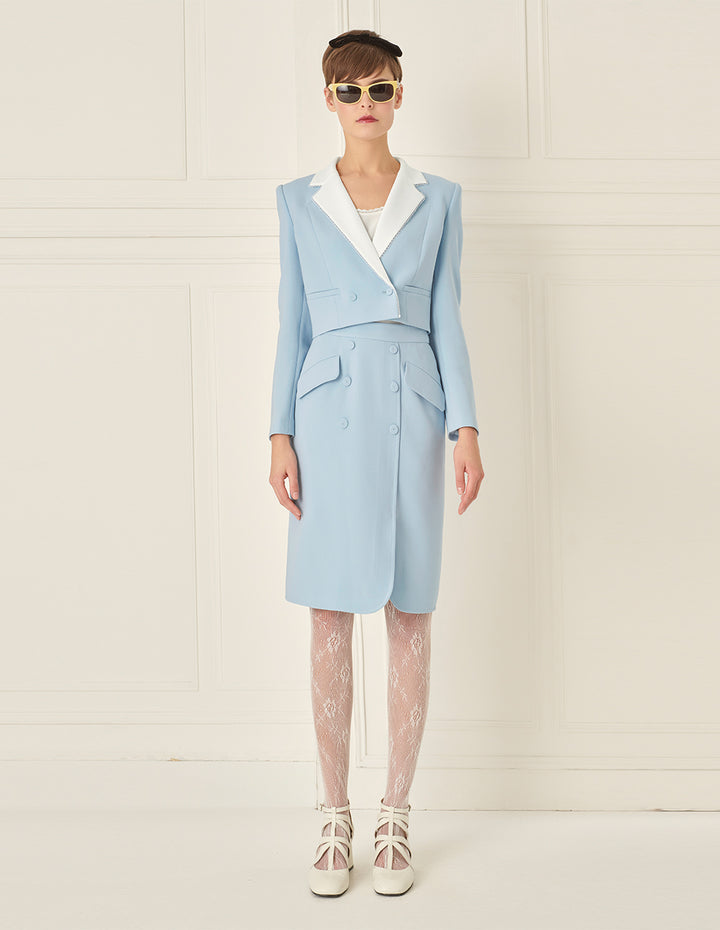 BORA AKSU Quiet Blues Lace Embellishments Notched Lapels Cropped Blazer