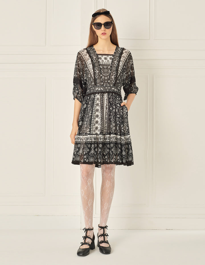 BORA AKSU Retro Square Neck Bat Sleeve Printed Dress